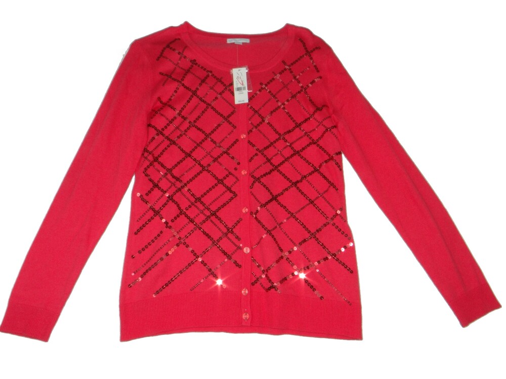 New York & Company Large Red Cotton Cardigan Sequin Diamond Pattern